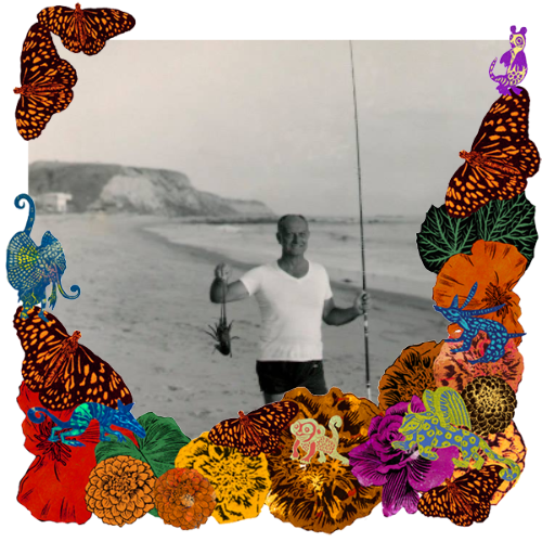 Photo of My Dad in a frame with marigolds, flowers, alebrijes and monarch butterflies.