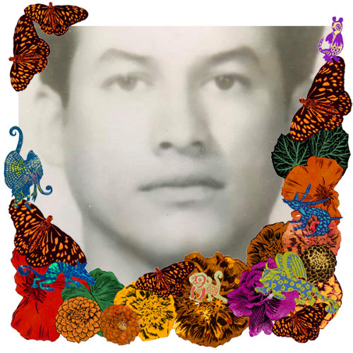 Photo of My father in a frame with marigolds, flowers, alebrijes and monarch butterflies.