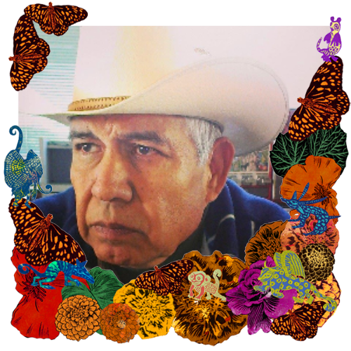 Photo of My Father in a frame with marigolds, flowers, alebrijes and monarch butterflies.