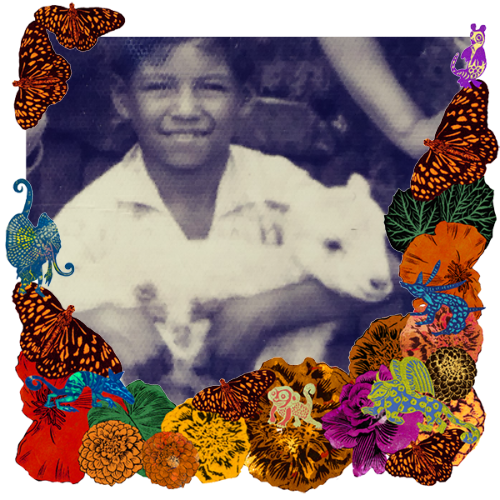 Photo of My father in a frame with marigolds, flowers, alebrijes and monarch butterflies.