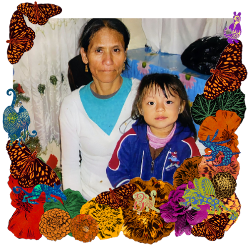 Photo of My Grandma in a frame with marigolds, flowers, alebrijes and monarch butterflies.