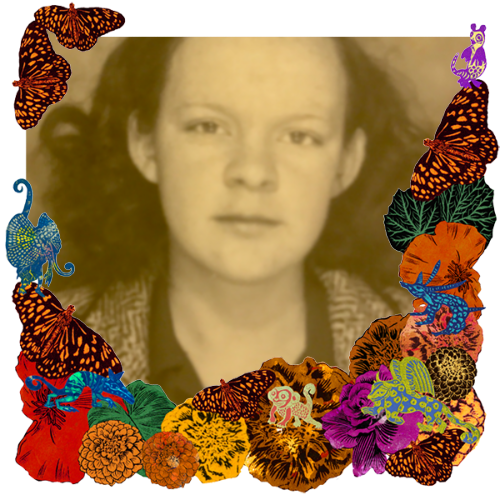 Photo of My Mamaw Julie in a frame with marigolds, flowers, alebrijes and monarch butterflies.
