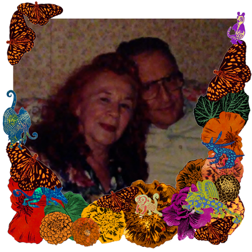Photo of My Mother and Father in a frame with marigolds, flowers, alebrijes and monarch butterflies.