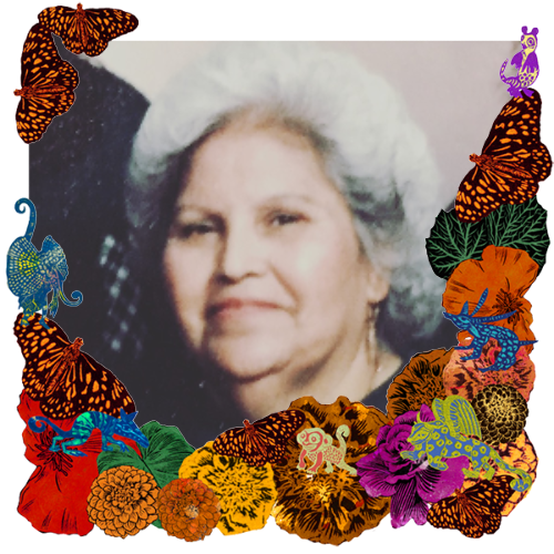 Photo of My mother in a frame with marigolds, flowers, alebrijes and monarch butterflies.