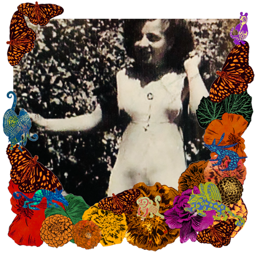 Photo of My Nonna, Paolina in a frame with marigolds, flowers, alebrijes and monarch butterflies.