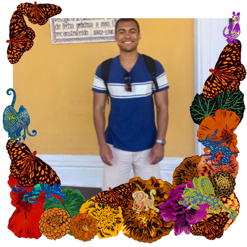 Photo of My son Leon in a frame with marigolds, flowers, alebrijes and monarch butterflies.