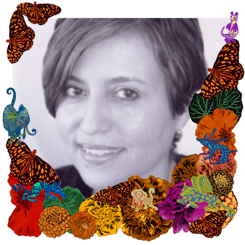 Photo of My sweet sister Luz in a frame with marigolds, flowers, alebrijes and monarch butterflies.