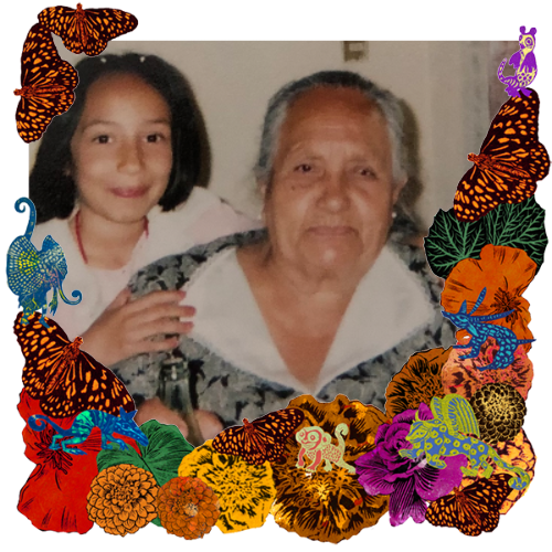 Photo of My abuela Leonor in a frame with marigolds, flowers, alebrijes and monarch butterflies.