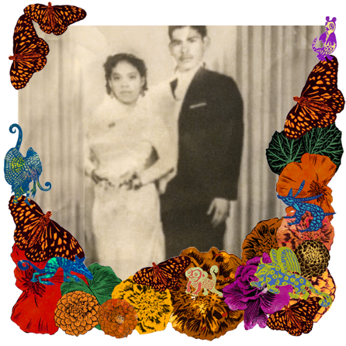 Photo of My abuelita and abuelito in a frame with marigolds, flowers, alebrijes and monarch butterflies.