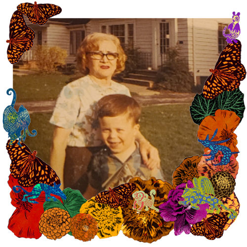 Photo of My Baba and my big brother in a frame with marigolds, flowers, alebrijes and monarch butterflies.