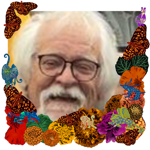 Photo of My brother in a frame with marigolds, flowers, alebrijes and monarch butterflies.