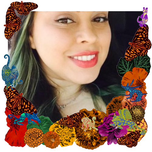 Photo of My daughter in a frame with marigolds, flowers, alebrijes and monarch butterflies.