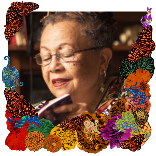 Photo of Myesha Jenkins in a frame with marigolds, flowers, alebrijes and monarch butterflies.