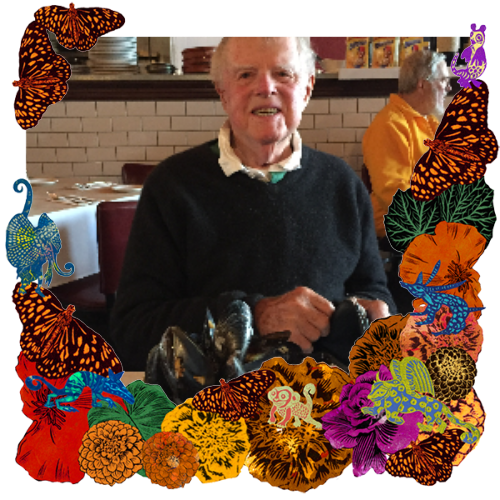 Photo of My father Art in a frame with marigolds, flowers, alebrijes and monarch butterflies.