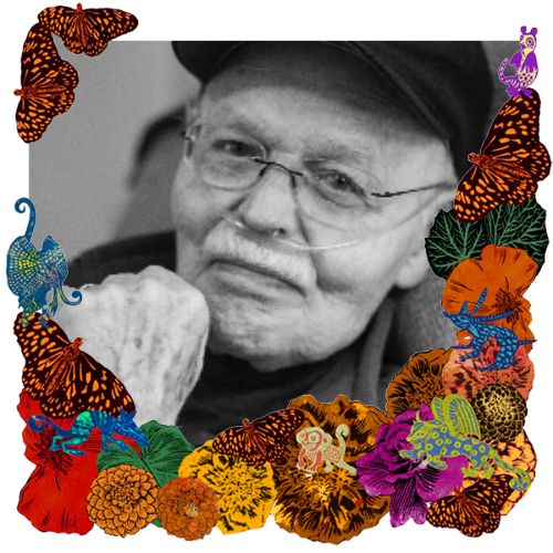 Photo of My father in a frame with marigolds, flowers, alebrijes and monarch butterflies.