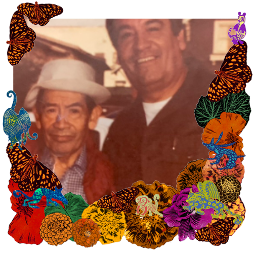 Photo of My father and grandfather in a frame with marigolds, flowers, alebrijes and monarch butterflies.