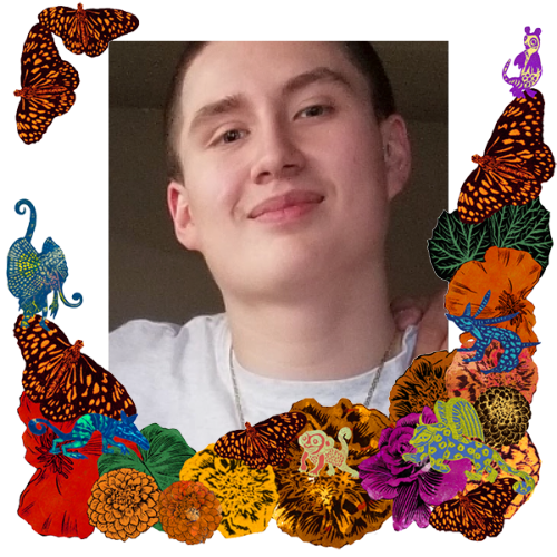 Photo of My first born, my son in a frame with marigolds, flowers, alebrijes and monarch butterflies.