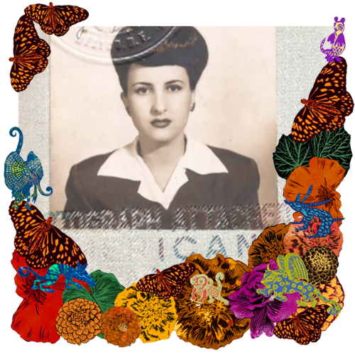 Photo of Olympia in a frame with marigolds, flowers, alebrijes and monarch butterflies.