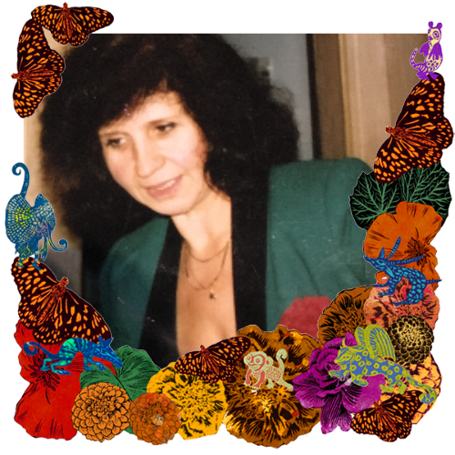 Photo of My mom in a frame with marigolds, flowers, alebrijes and monarch butterflies.