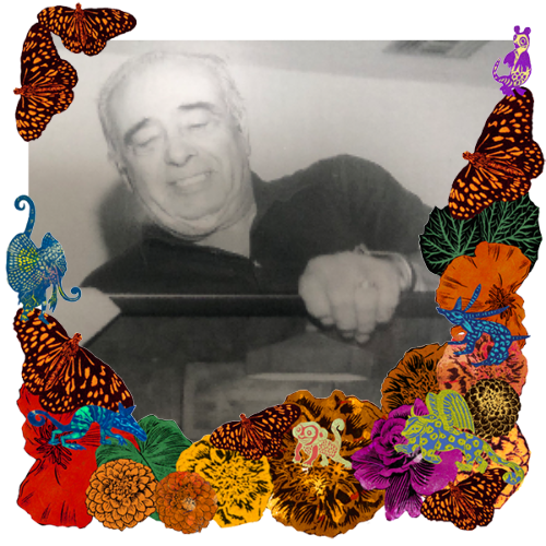 Photo of Ignacio "Nacho" Molina in a frame with marigolds, flowers, alebrijes and monarch butterflies.