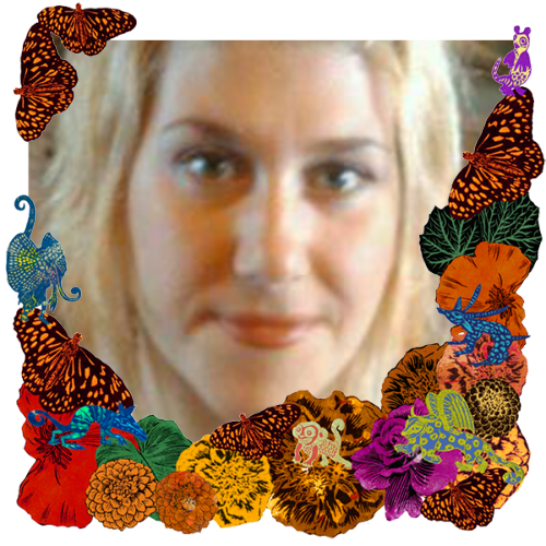 Photo of Nakell Railey in a frame with marigolds, flowers, alebrijes and monarch butterflies.