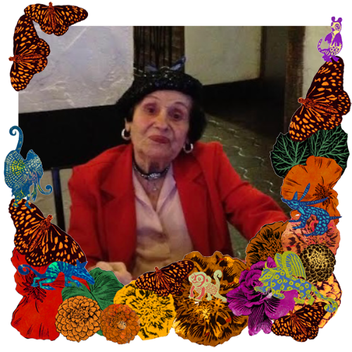 Photo of Nana in a frame with marigolds, flowers, alebrijes and monarch butterflies.