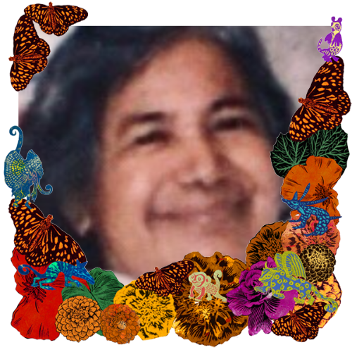 Photo of Nana Matilde in a frame with marigolds, flowers, alebrijes and monarch butterflies.