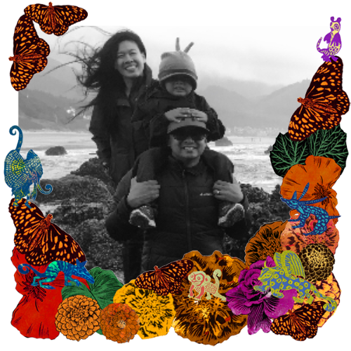 Photo of Nat Soriano in a frame with marigolds, flowers, alebrijes and monarch butterflies.