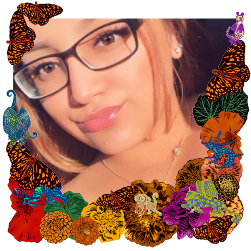 Photo of Natalie in a frame with marigolds, flowers, alebrijes and monarch butterflies.