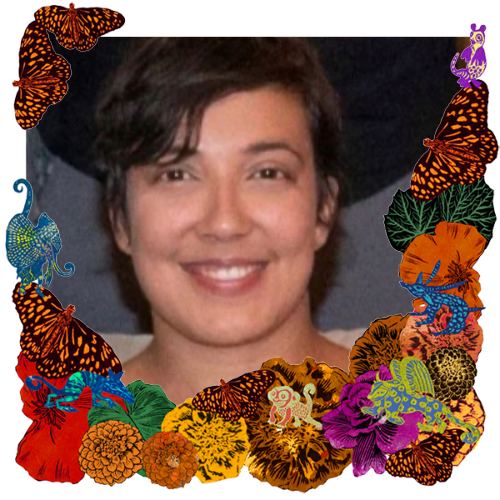 Photo of Natalie Provatas in a frame with marigolds, flowers, alebrijes and monarch butterflies.