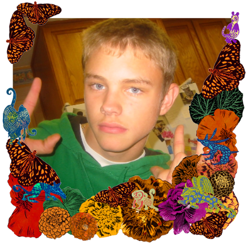 Photo of Nicholas Joseph Bell in a frame with marigolds, flowers, alebrijes and monarch butterflies.