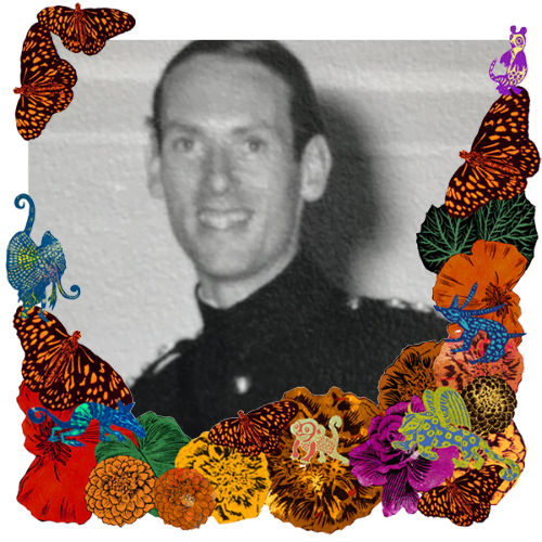 Photo of Nigel Barry-Taylor in a frame with marigolds, flowers, alebrijes and monarch butterflies.