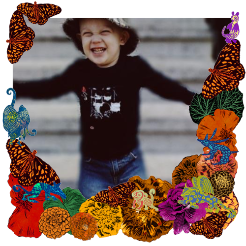 Photo of Oliver Mosca in a frame with marigolds, flowers, alebrijes and monarch butterflies.