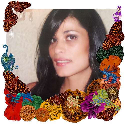 Photo of Olivia Khoubesserian in a frame with marigolds, flowers, alebrijes and monarch butterflies.