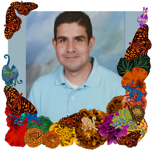 Photo of Omar Olague in a frame with marigolds, flowers, alebrijes and monarch butterflies.