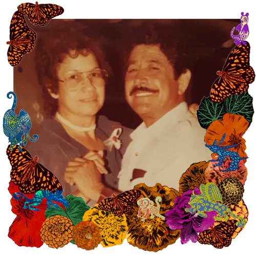 Photo of Oscar and Irma Lazos in a frame with marigolds, flowers, alebrijes and monarch butterflies.