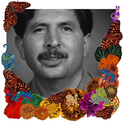Photo of Oscar Ramirez in a frame with marigolds, flowers, alebrijes and monarch butterflies.