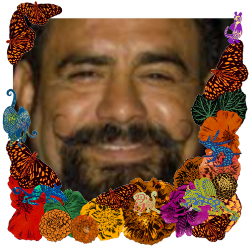 Photo of Oswaldo Castillo in a frame with marigolds, flowers, alebrijes and monarch butterflies.