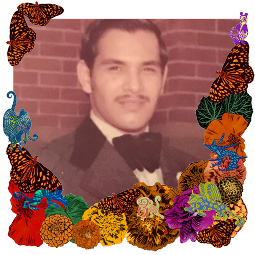 Photo of Our Father in a frame with marigolds, flowers, alebrijes and monarch butterflies.