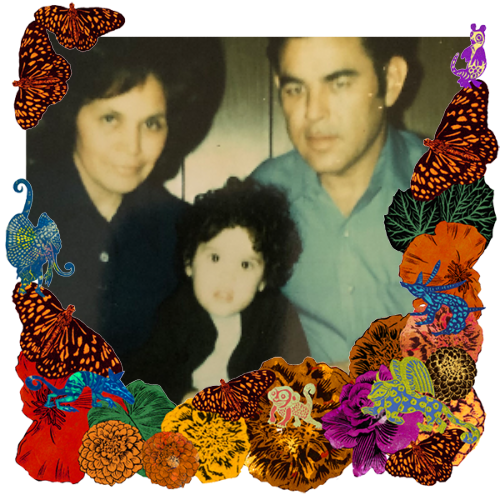 Photo of Our Mom and Dad in a frame with marigolds, flowers, alebrijes and monarch butterflies.
