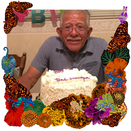 Photo of Our Pop, Angel in a frame with marigolds, flowers, alebrijes and monarch butterflies.