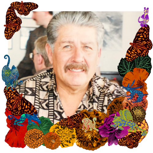 Photo of Papa Tony in a frame with marigolds, flowers, alebrijes and monarch butterflies.