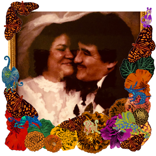Photo of Parents in a frame with marigolds, flowers, alebrijes and monarch butterflies.