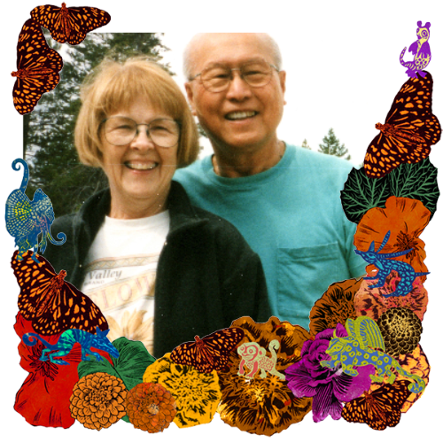 Photo of Patricia & Henry in a frame with marigolds, flowers, alebrijes and monarch butterflies.