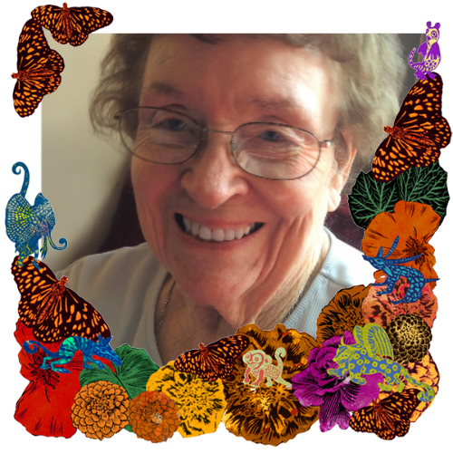 Photo of Patricia Donnelly Rivera in a frame with marigolds, flowers, alebrijes and monarch butterflies.