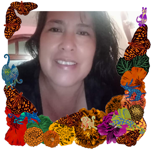 Photo of Patricia Frausto in a frame with marigolds, flowers, alebrijes and monarch butterflies.