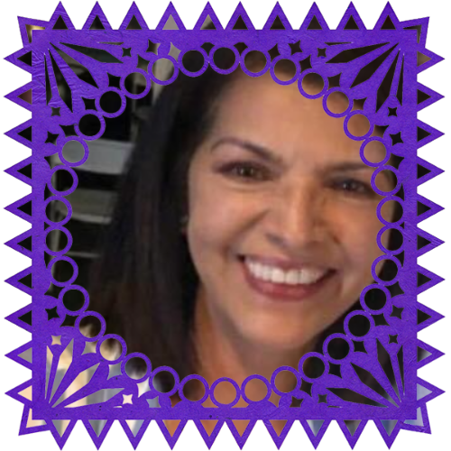 Photo of Patricia Herena in a frame with papel picado.