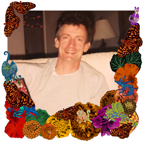 Photo of Paul Hagar in a frame with marigolds, flowers, alebrijes and monarch butterflies.