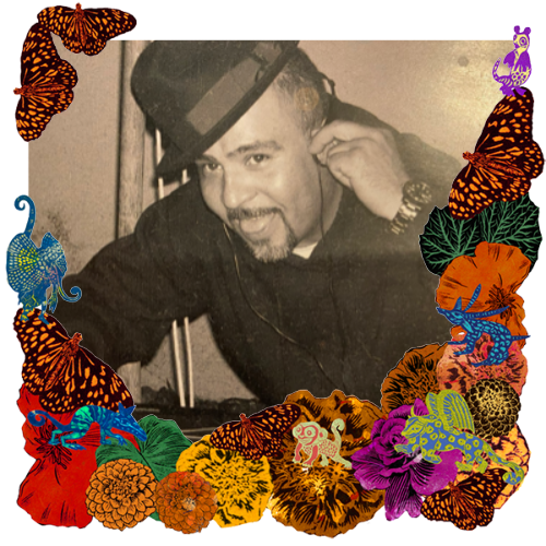 Photo of Pedro Jr. Mendoza in a frame with marigolds, flowers, alebrijes and monarch butterflies.