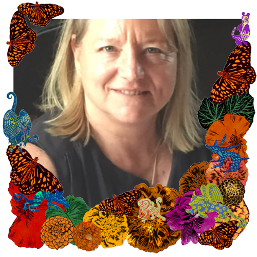 Photo of Penelope Rithner in a frame with marigolds, flowers, alebrijes and monarch butterflies.